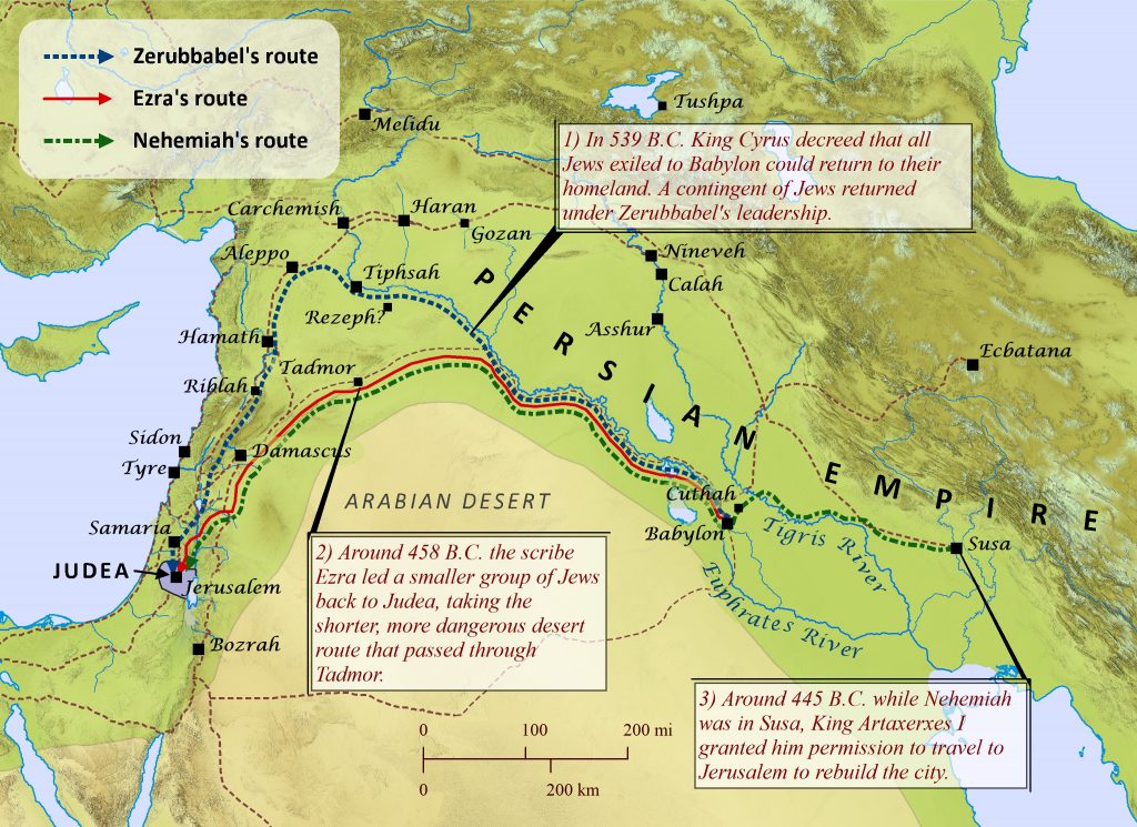 Map of Jewish return routes from Babylon to Palestine